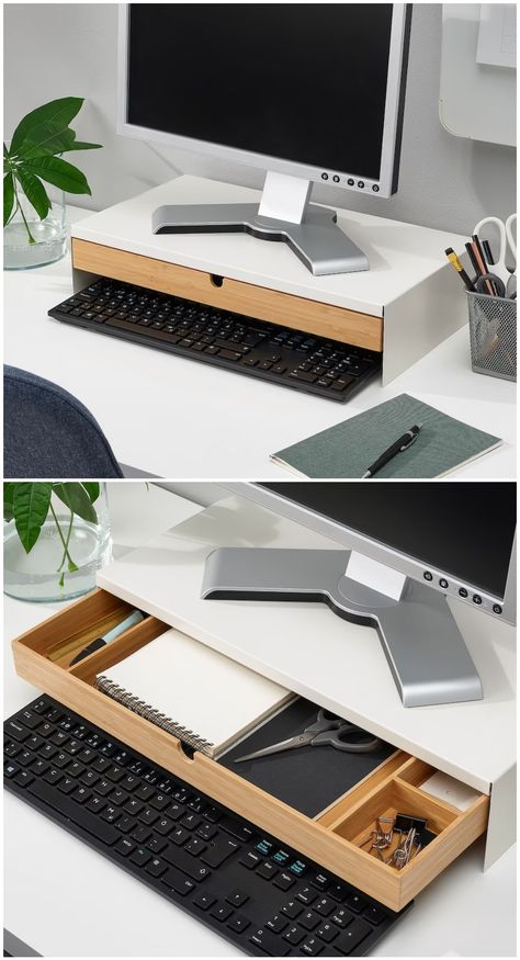 38 Desk Organizing Ideas That��’ll Turn Your Office Into Clutter-Free Bliss in No Time (2023) - Living in a shoebox Ikea Elloven Monitor Stand, Desk Organization Multiple Monitors, Monitor Stand With Drawer, Diy Monitor Stand Ideas Ikea Hacks, Desk With No Drawers Organization, Desktop Storage Ideas, Laptop Docking Station Setup, Dual Monitor Desk Workspaces, Desk Top Organization Ideas