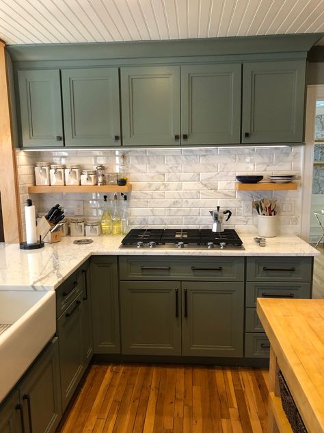 Stanford Farmhouse Kitchen - Farmhouse - Kitchen - Other - by MODERN TRADITION KITCHEN & BATH | Houzz Kitchen Remodel Doublewide, Kitchen Design Small Farmhouse, White Countertops Green Cabinets, Sage Kitchen Cabinets Black Hardware, Green Cabinet Farmhouse Kitchen, Modern Farmhouse Diy Projects, Light Green Kitchen Cabinets Farmhouse, Neutral Kitchen With Green Accents, Olive Green House Interior