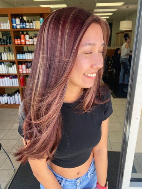 Located in Port St Lucie! #hairinspo #haircolor #redwithblondehighlights Blonde Highlights On Burgundy Hair, Red And Pink Highlights On Dark Hair, Brown People Hair Color, Burgundy Hair With Highlights Blonde, Dark Red Hair With Blonde Highlights Burgundy, Cherry Red With Blonde Highlights, Dark Brown Hair With Burgundy, Maroon Hair With Blonde Highlights, Burgundy Hair With Highlights Caramel