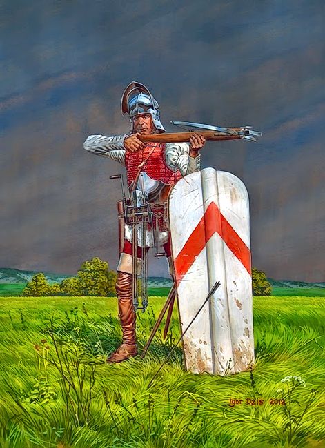 "Crossbowman, XV Century", Igor Dzis Pavise Crossbowmen, Medieval Crossbowman, Battle Painting, Medieval Crossbow, Military Illustration, Century Armor, Historical Warriors, Early Modern Period, Ancient Warfare