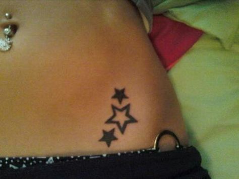 3 star tattoo 2000 Star Tattoo, Star Tattoo On Lower Stomach, Star Flare Tattoo, Thick Star Tattoo, Filled In Star Tattoo, Star Hip Tattoos Women, Stars On Stomach Tattoo, Star Tattoo Pelvis, Star Womb Tattoo