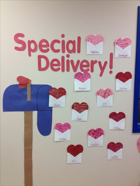 Special delivery of love letters.  #valentinesdaydecor Valentines Classroom Decorations, Valentines Classroom Door, Valentine Bulletin Boards, Valentines Day Bulletin Board, Valentines Bricolage, Valentine Door Decorations, Diy Classroom Decorations, Preschool Bulletin, Preschool Bulletin Boards