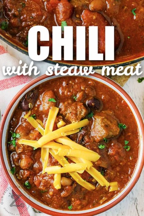 Chili With Stew Meat Crock Pot Chili With Stew Meat, Steak Chili Recipe Stovetop, Meals With Beef Chunks, Chili Recipes With Beef Stew Meat, Chili Recipe With Stew Meat, Chili Stew Meat, Steak Chili Recipe Instant Pot, Chilli With Stew Meat, Chili With Beef Chunks