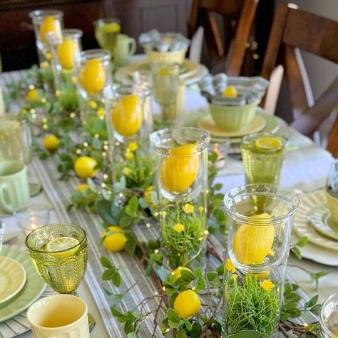 Lori  🍽️🥂 on Instagram: "Mother’s Day is only 9 days away (May 12) which means, if you haven’t already, it’s time to plan your tablescape if you are hosting. May I suggest a lemon theme? 😊 It’s fresh, cheerful and uplifting! Swipe to see details. ➡️🍋🍽️🌿  You don’t have to use as many lemons as I did but if you’re interested in creating your own version of this centerpiece, I have some instructions saved in a highlight “Centerpieces”. There is also a reel of this tablescape a few posts back. 🍋🌿✨🌿🍋  Beautiful linens always elevate the look of any tablescape and here, I’ve chosen to use @solinohome napkins and table runner in the Chelsea Stripe collection.  The tablecloth and placemats are from their Sonoma Collection. Be sure to let me know if you need any links.  🍋🌿🍽️🥂🌿🍋  Ha Lemon Table Setting, Lemon Tablescape, Lemon Table Decor, Love Feast, Lemon Theme, Lemon Kitchen Decor, Lemon Kitchen, Summer Dinner, Table Ideas