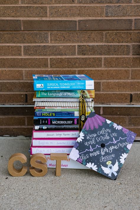 Surgical Technologist Graduation Photos, Surgical Technologist Aesthetic, Surgical Tech Photoshoot, Cst Graduation Cap Ideas, Surg Tech, Surgical Technologist Graduation Cap, Scrub Tech Graduation Party, Surgical Technologist Student Graduation, Surgical Tech Student