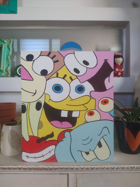 Cute Paintings Cartoon, Mini Canvas Art Cartoon, Painting Ideas On Canvas Cartoon Characters, Beach Painting Ideas, Canvas Beach Painting, Painting Ideas On Canvas Acrylic, Disney Canvas Art, Spongebob Painting, Disney Canvas