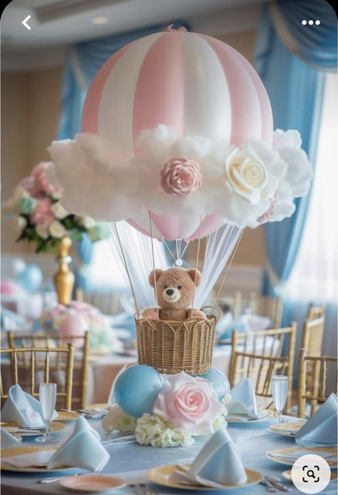 Hot Air Balloon Centerpiece Baby, Bear Hot Air Balloon Baby Shower Theme, Centerpiece For Baby Shower Girl, Bear Table Centerpiece, Bears Baby Shower Theme, Teddy Bear Baby Shower Centerpieces, Baby Shower Centerpieces Girl, Bear Centerpiece Ideas, Bear Baby Shower Centerpieces