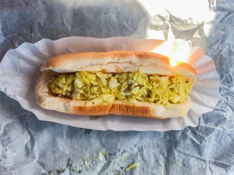 Marmet’s Yellow Slaw Offers a Tasty Twist on the Standard West Virginia Hot Dog | WVPB Hot Dog Slaw Recipe, Hot Slaw Recipe, Hot Dog Sauce Recipe, Slaw Dog, Appalachian Recipes, Hotdog Chili Recipe, Hot Dog Sauce, Hot Dog Chili, Burger Sliders