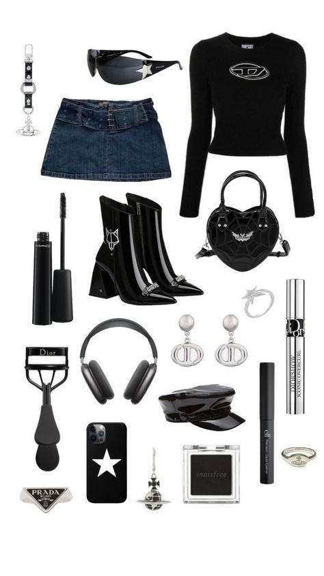 Black And Silver Aesthetic Outfit, Silver Black Outfit, Black And Silver Outfits For Women, Black Outfit For School, Black Silver Outfit, Natural Acrylic Nails Short, Natural Nail Acrylic, Silver Outfit Ideas, Diesel Outfits