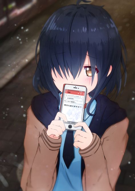 Safebooru - 1girl 22/7 black neckwear blurry blurry background blush brown eyes brown jacket cellphone furoggu-gaburi hair over one eye highres holding holding phone jacket long sleeves necktie outdoors phone short hair smartphone solo standing takigawa miu translated | 2991352 Anime Holding Phone, Holding Cellphone, Hair Over One Eye, Holding Phone, Blurry Background, Eyes Brown, One Eye, Jacket Long, Picture Search