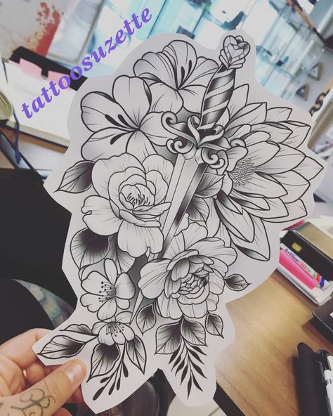 Shin Tattoo Drawings, Dagger Thigh Tattoos Women, Dagger And Flower Tattoo, Thigh Dagger Tattoo, Dagger With Flowers Tattoo, Flower Dagger Tattoo, Dagger Flower Tattoo, Dagger Tattoo Women, Floral Dagger Tattoo