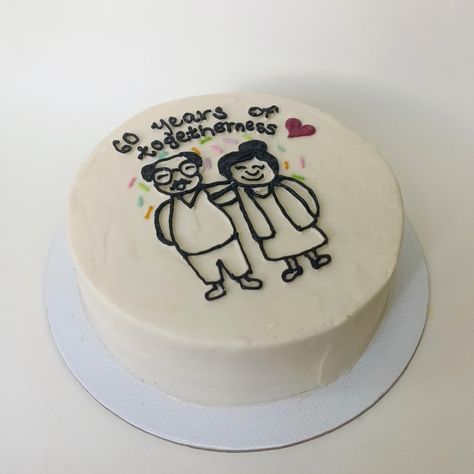 aesthetic anniversary cake with illustration Aesthetic Cake Designs Anniversary, Desserts For Anniversary, Anniversary Cake For Grandparents, Simple Cake Designs For Anniversary, Anniversary Aesthetic Cake, Bento Cake For Anniversary Couple, Cake For Parents Anniversary, Parents Birthday Cake, Anniversary Cake Funny