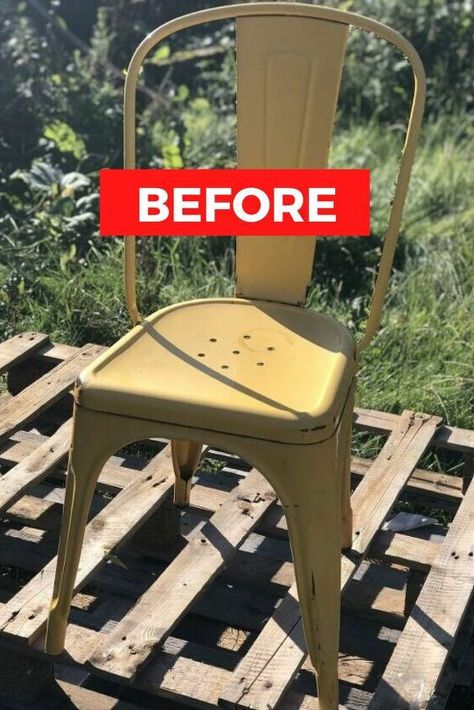 Are your outdoor metal chairs rusty and worn out? Give them a new life with this spray painting ombre idea. Check out the before and after photos of this retro metal chair. This upcycle idea is so cool you'll want to put these chairs in your dining room so you can enjoy seeing them all day long. This idea is also great for outdoor weddings or front porch. #diy #chair #makeover Diy Metal Chair, Metal Chair Makeover, Chair Makeover Ideas, Front Porch Diy, Painting Plastic Chairs, Painting Ombre, Painted Metal Chairs, Recycled Planters, Dining Chair Makeover