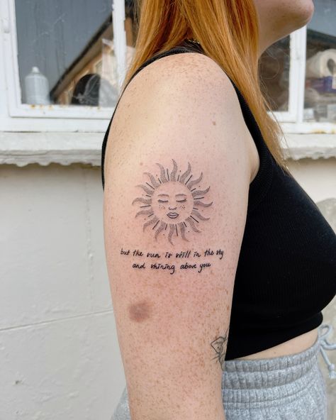 handpoked sun from my flash (swipe along to see the whole sun flash sheet!) with added custom abba lyrics in handwriting font! 🌞🌞🌞 love doing this type of dot work shading. would love to do more like this! use my booking form to book your handpoke tattoos with me :) my upcoming availability is always saved to my highlights ✨ available in black or colour ink. evenings and weekends available too. deals on multiple flash designs in one session! flash or custom :) handpoke tattoos at @harmle... Abba Lyrics Tattoo, Fleetwood Mac Tattoo Lyrics, Fleetwood Mac Tattoo Lyrics Dreams, Abba Lyrics Quotes, Beatles Lyrics Tattoo, Abba Tattoo, Abba Lyrics, Font Love, Flash Designs