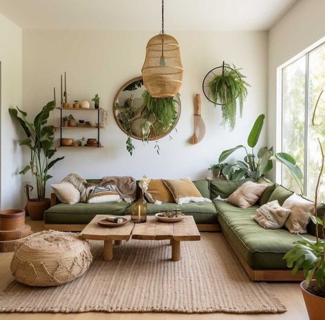 House Plants Interior Design, Green Couch Boho Living Room, Living Room Designs Earth Tones, Green Yellow Orange Living Room, Boho Jungle Living Room, Boho Chic Beach House, Living Room Nature Theme, Plant Themed Living Room, Boho Living Room Decor Inspiration