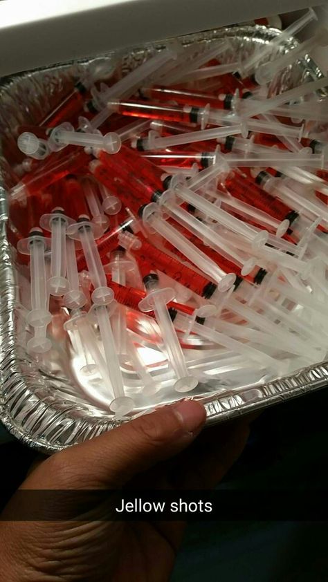 Saw Themed Party, Diaversary Party Ideas, Red Jell-o Shots, Jello Shots In Syringes, Diaversary Ideas, Shots In Syringes, Mafia Theme Party, Halloween Sweet 16, Halloween Movie Night Party