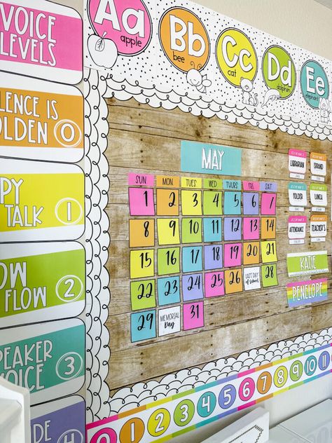 Happy Hues Classroom Decor, Bright Colored Classroom Theme, Alphabet Bulletin Board Ideas, Kindergarten Classroom Bulletin Boards, Second Grade Classroom Themes, Prek Bulletin Board, Classroom Alphabet Display, Flip Calendar Classroom, Tropical Classroom Theme