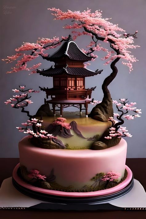 Asian Themed Cake, Japanese Inspired Cake, Japanese Cake Design, Sangjit Cake, Unique Cake Designs Creative, Artistic Food, Japanese Cake, Birthday Cakes For Her, Fantasy Cake