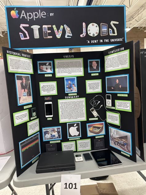 NHD fair at school. This is a bostd all about Steve Jobs. I like thr use of actual old apple products on the board. The title is done in devices. Display Board Ideas Creative, Poster Board Ideas School Project Famous Person, History Fair Board Layout, 3d Timeline Project Ideas, Steve Jobs School Project, Poster Title Design, Nhd Exhibit Boards, Club Poster Board Ideas, Poster Board Design