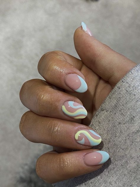 Blue tip nails, coloured tips, swirl pattern, swirl nail art, nail art, summer nails, blue nails, tourquoise nails, green nails, lime nails, almond shape nails, oval nails, line pattern nails, nail inspo, abstract nails, aesthetic nails Gel Nail Art Almond Shape, Nail Art Designs Oval Shape, Green Swirl Nails Almond, Cute Nails Oval Shape, Lime Green Blue Nails, Short Almond Swirl Nails, Gel Nail Designs Oval Shape, Nail Ideas Oval Shape, Almond Abstract Nails