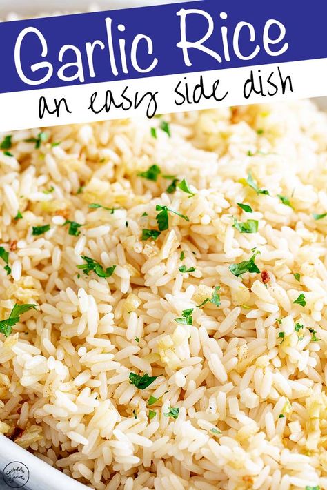 This Garlic Butter Rice is such a simple dish that goes with anything. White rice is cooked with garlic butter for an easy rice side that takes under 20 minutes! Serve it with your favorite main course for a side dish the whole family will love! It reheats well, so leftovers are perfect for lunch! Recipes With White Rice, Easy White Rice, Garlic Rice Pilaf, Rice Recipes Side, Garlic Butter Rice, Rice Dishes Easy, Rice Pilaf Recipe, White Rice Recipes, Rice Side Dish Recipes