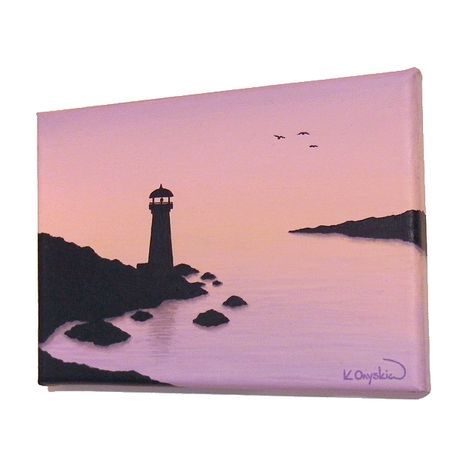 Small Lighthouse at Dawn Original Art - Folksy Lighthouse Acrylic Painting, Calming Painting Ideas, Silhouette Acrylic Painting, Pink Acrylic Painting, Pink Painting Ideas, Dawn Painting, Small Canvas Painting, Small Acrylic Painting, Morning Painting