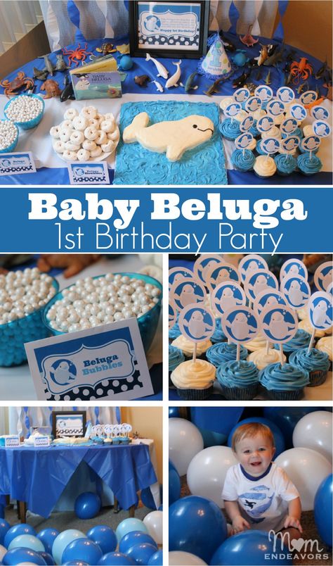 Baby Beluga 1st Birthday Party - a fun & unique theme party theme! Full party details via momendeavors.com Spooky Lantern, Unique Birthday Party Themes, Whale Birthday Parties, Pickle Party, Diy Kids Birthday Party, Baby Beluga, Beluga Whales, Whale Birthday, Kids Themed Birthday Parties