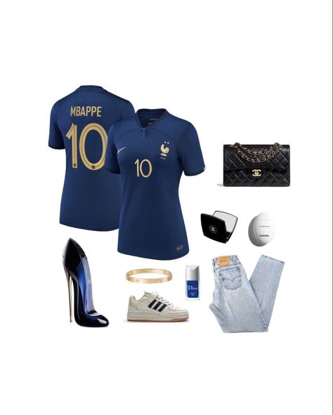 Football Outfits Aesthetic, Psg Wag, France Jersey Outfit, Wags Outfits Football, Football Wags Outfits, Psg Jersey Outfit, Football Wife Outfit, Kylian Mbappe Outfit, Psg Outfit