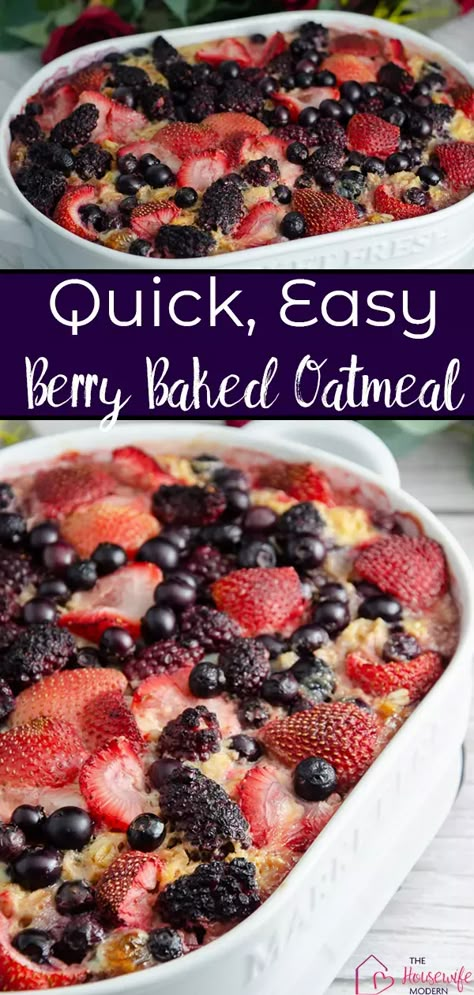 Triple berry baked oatmeal. This quick and easy berry oatmeal bake is going to be your new favorite breakfast. Berry Oatmeal Bake, Berry Baked Oatmeal, Berry Oatmeal, Oatmeal Bake, Oatmeal With Fruit, Healthy Foods To Make, Breakfast Oatmeal Recipes, Overnight Breakfast Casserole, Berry Breakfast