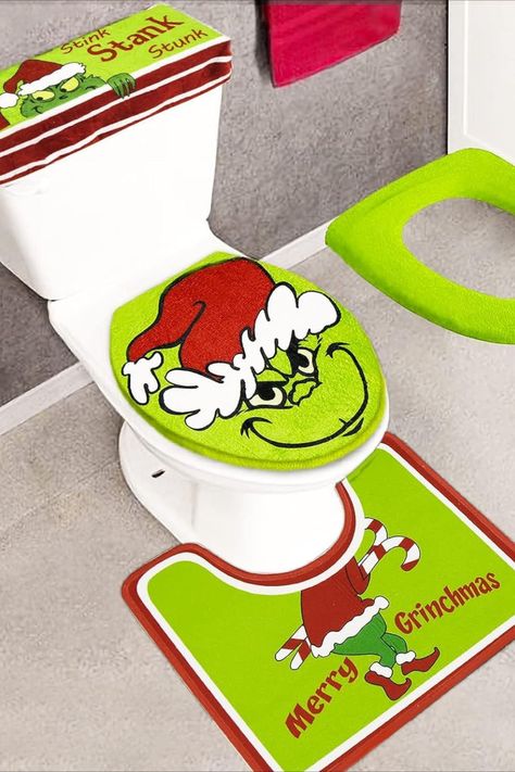 Grinch Toilet, Toilet Seat Lid Cover, Christmas Bathroom Sets, Toilet Decoration, Homemade Christmas Decorations, Area Rug Sets, Christmas Bathroom, Toilet Covers, Toilet Seat Cover