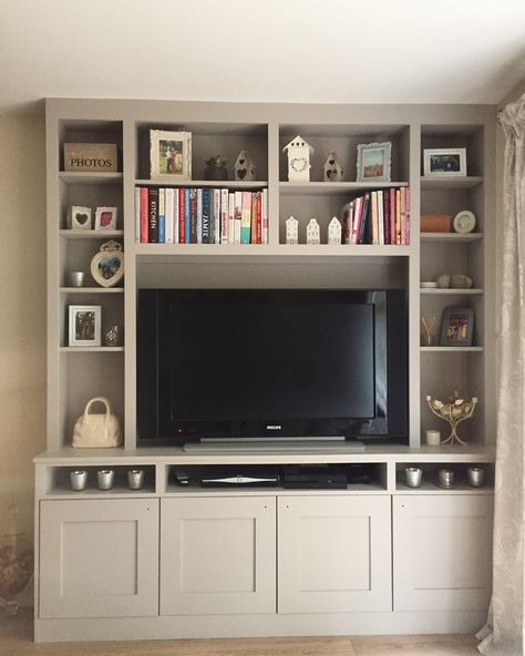 Tv Built In Wall Unit One Side, Tv With Storage Around, Book Tv Shelves, Built In Tv Wall Unit With Bookshelves, Built In Tv Wall Unit Decor, Small Built Ins Around Tv, Small Built In Media Wall, Media Wall In Small Room, Built In Shelves Living Room With Tv Small Spaces