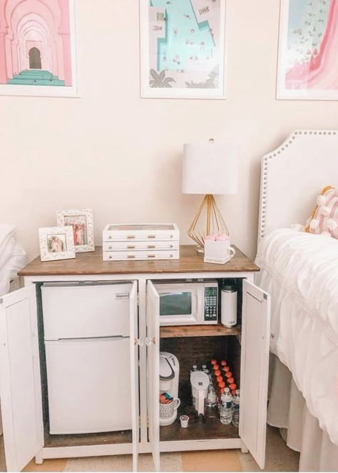 DM gab.mell to purchase! Holds fridge, microwave, and keurig! Target Dorm Room, Organization Dorm, Dorm Room Ideas For Girls, Bedding Dorm, Dorm Room Kitchen, Dorm Fridge, Room Decor Dorm, Small Dorm Room, Dorm Desk