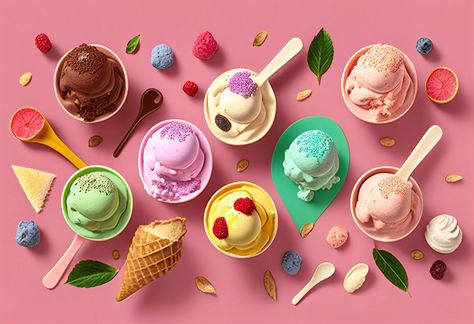 Colorful ice cream scoops in bowls and spoons on pink background generative ai Ice Cream Background, Colorful Ice Cream, 4k Wallpapers For Pc, Ice Cream Scoops, Time Pass, Cream Aesthetic, Landscape Pictures, Ice Cream Cake, Wallpaper Pc