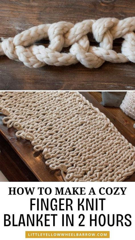 Make this easy and gorgeous finger knit blanket in an afternoon! This easy knitting pattern for beginners is made by hand, you fingers actually! Hand knitting a blanket step by step - ideal even if you're a beginner! Make sure to add this knitting idea and pattern to your finger knitting projects so you can make this cozy chunky blanket in an afternoon DIY. Simple, free pattern for a chunky finger knit blanket. Quick and easy finger knit blanket tutorial and pattern for beginner knitters. Chunky Finger Knit Blanket, Thick Knit Blanket, Easy Knitting Projects For Beginners, Finger Knit Blanket, Knit Blanket Tutorial, Knitting A Blanket, Leftover Yarn Project, Loom Knitting Blanket, Knit A Blanket