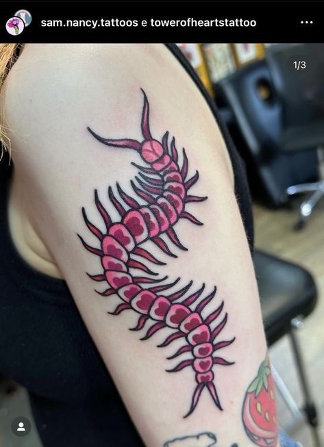 Neo Traditional Centipede Tattoo, Centipede Face Tattoo, Colorful Spider Tattoo, Beetle Hand Tattoo, Colorful Bug Tattoo, American Traditional Centipede Tattoo, Traditional Centipede Tattoo, Cute Centipede, Isopod Tattoo