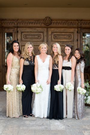 Metallic Bridesmaid Dresses, Mix Match Bridesmaids, Black Gold Wedding, Gold Bridesmaid Dresses, Gold Bridesmaids, Cheap Bridesmaid, Bridesmaid Style, Bridesmaids And Groomsmen, Country Club Wedding