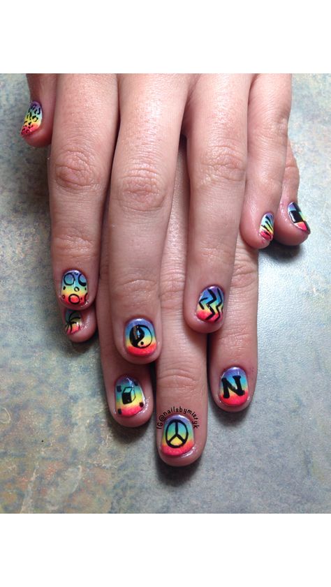 Shellac nail art. Cnd additives nail art. Rainbow colors nail art. Peace sign nail art. Yin yang Peace Sign Nails, Yin Yang Nails, Shellac Nail Art, Shellac Nails, Peace Sign, Rainbow Colors, Peace And Love, Girly Things, Nail Art Designs