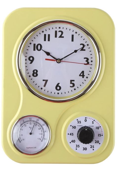 Retro yellow kicthen wall clock with thermometer and 60 minute timer. Kitchen Wall Clock, Kitchen Thermometer, Kitchen Clock, Kitchen Timer, Kitschy Kitchen, Kitchen Clocks, Timer Clock, Kitchen Wall Clocks, Retro Clock