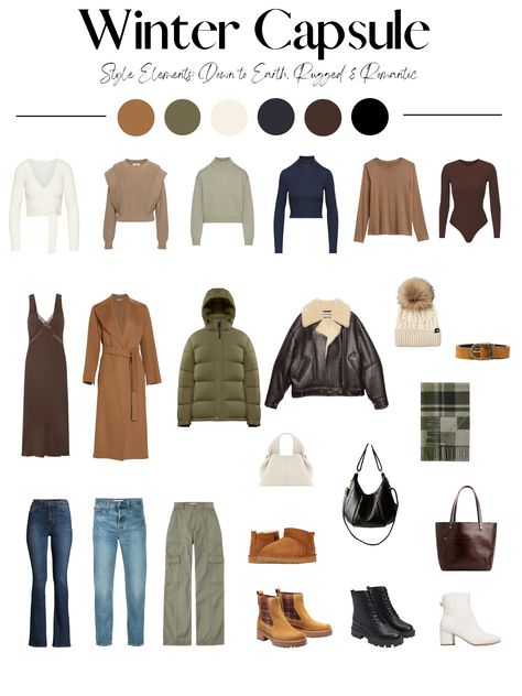 Kibbe Pure Natural, Girly Edgy Outfits, Earth Tone Outfits Aesthetic, My Style Aesthetic, Nature Aesthetic Outfit, Capsule Wardrobe For Winter, Earth Toned Outfits, Edgy Capsule Wardrobe, Winter Travel Wardrobe