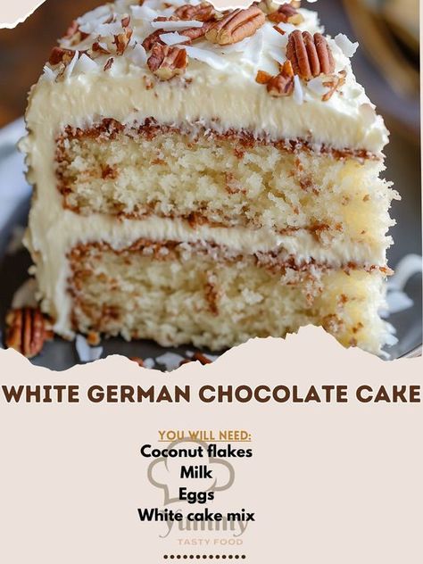 🍰 Indulge in the rich and creamy White German Chocolate Cake – a twist on a classic favorite! 🎂✨ #CakeLovers #BakingJoy White German Chocolate Cake Ingredients: White cake mix (1 box) Eggs (3) Milk (1 cup) Coconut flakes (1 cup) Chopped pecans (1 cup) White chocolate (1 cup, melted) Cream cheese (8 oz, softened) Powdered sugar (2 cups) Instructions: Preheat oven to 350°F (175°C). Prepare cake mix as per instructions, adding coconut and pecans. Bake in greased pans, let cool. For frosting,... Coconut Cake Ideas, White Chocolate German Chocolate Cake, White German Chocolate Cake Recipe, Desserts With White Cake Mix Boxes, White German Chocolate Cake, White Cake Mix Ideas, Frost Cake, Coconut Crunch, Cake Mix Cakes