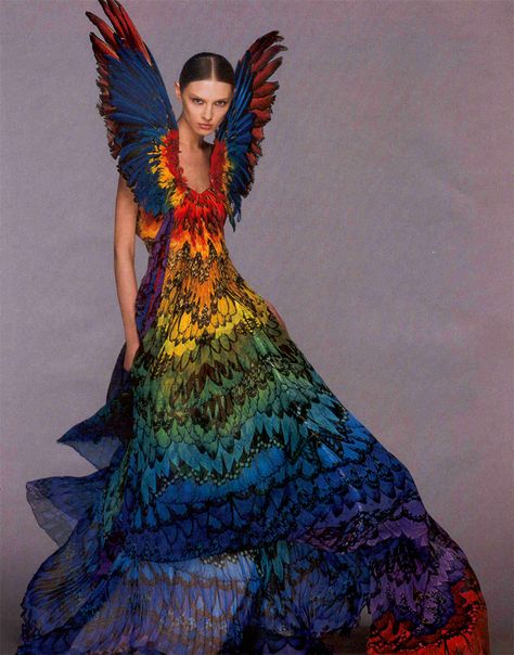 Alexander McQueen rainbow dress  from Fashion Designer Parrot Dress, Fashion Fotografie, Savage Beauty, Alexander Mcqueen Dresses, Mcqueen Fashion, Paper Dress, Viktor Rolf, Rainbow Dress, Feather Dress