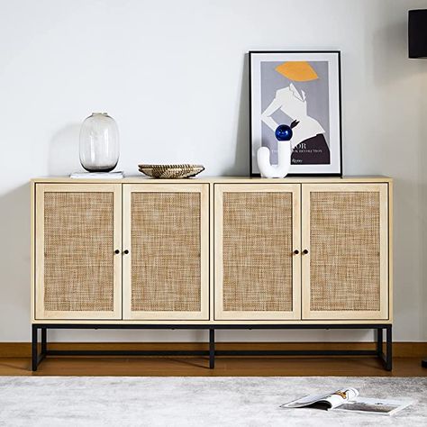 Amazon.com - QEIUZON Modern Sideboard Cabinet, Accent Storage Cabinet with Rattan Doors and Adjustable Shelves, Freestanding Sideboard Storage Cabinet for Kitchen Dining Living Room Hallway Office (Natural) - Dining Room Furniture Modern Sideboard Cabinet, Sideboard Cabinet Modern, Rattan Doors, Rattan Sideboard, Kitchen Dining Living Room, Accent Storage Cabinet, Sideboard Storage Cabinet, Accent Storage, Kitchen Dining Living