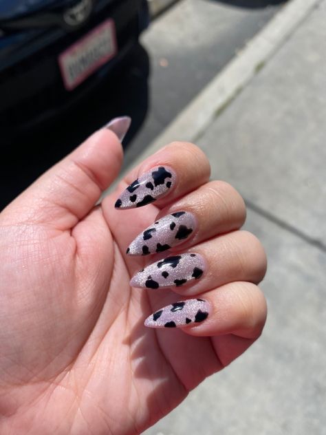 Sparkly Cow Print Nails, Purple Cowprint Nails, Glitter Cow Nails, Chrome Cow Print Nails, Gel Nails Cow Print, Cow Almond Nails, Glitter Cow Print Nails, Almond Cow Print Nails, Purple Cow Nails