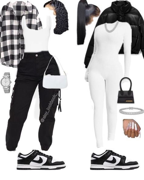 𝕱𝖔𝖑𝖑𝖔𝖜 𝖒𝖊 on Instagram: "Which fall outfit would you wear? • • Follow for more outfits @slay_lookbook_" Women Dunks, Black And White Dunks, Wattpad Outfits, Faux Leather Puffer Jacket, Dunks Outfit, Leather Puffer Jacket, Leather Puffer, Teen Swag Outfits, Cute Nike Outfits