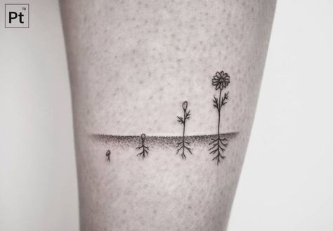 I love this tattoo to demonstrate growth! Gardening Tattoos For Women, Flower Roots Tattoo, Tattoos For Change, Root Tattoo Ideas, Flowers Growing Tattoo, Homestead Tattoo, Soil Tattoo, Flower With Roots Tattoo, Roots Tattoo Ideas