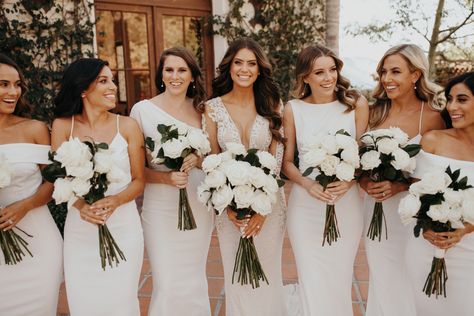 Longstem Rose bouquet for Bride and Bridesmaids  photo: Jordan Voth White Wedding Bouquets Bridesmaid, Rose Bridesmaid Bouquet, Bride Bouquets White, Bouquet For Bride, Bridesmaids Photo, Oxford Exchange, Bridesmaid Bouquet White, White Rose Bouquet, Wedding Party Flowers