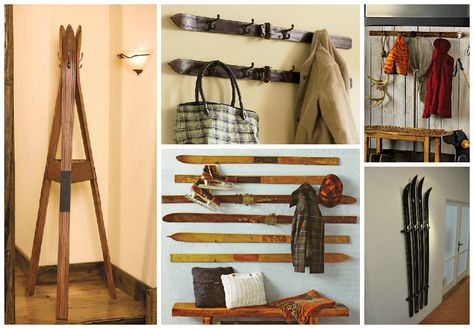 Don’t throw away your old skis, they could still have a new life by repurposing them into coat hanger/wall rack. What do you think ? Cool !… Vintage Ski Decor, Vintage Skis, Old Skis, Ski House Decor, Ski Rack, Ski Lodge Decor, Log Cabin Interior, Ski Decor, Skis