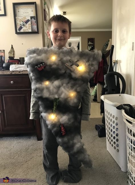 Quinn: My seven year old son wanted to be a Tornado so I made him a Tornado costume. Non Halloween Costume Party, Pinecone Costume, Toddler Tornado Costume, Weather Halloween Costumes, Tornado Homecoming Float, Tornado Halloween Costume, Tornado Costume Diy, Tornado Costume Kids, Homemade Tornado Costume