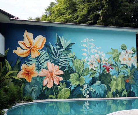 Wall Murals Painted Outdoor, Outdoor Wall Mural, Outdoor Mural Ideas, Water Mural, Pool Mural, Outdoor Mural, Exterior Murals, Garden Fence Art, Mural Art Design