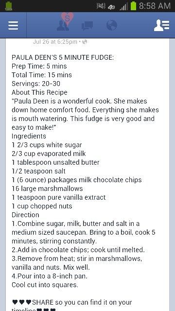 Fudge 5 Minute Fudge, Paula Deen, Milk Chocolate Chips, Mouth Watering, Fudge, Chocolate Milk, Homemade Recipes, Chocolate Chip, Comfort Food